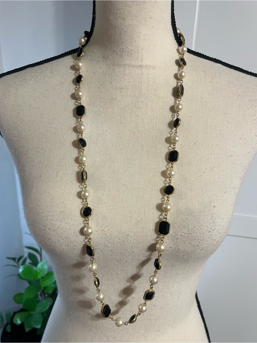 Long Gold-Link Necklace with Black Stones and Pearl Beads